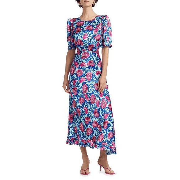 Saloni Vida Floral Silk Satin Ankle Dress Size US 6 $675 - Picture 1 of 12